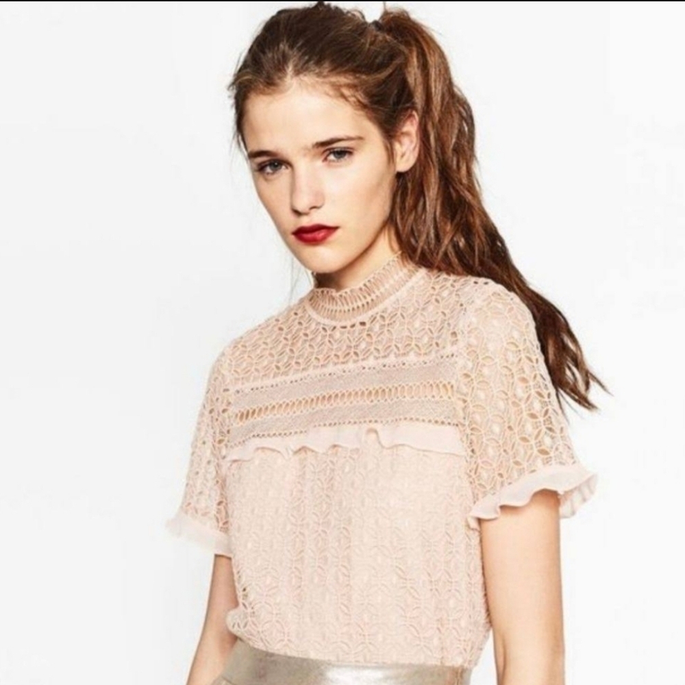 Zara‎ Crochet Blush Pink High Neck Top. Ruffle Detail Front Lined Sz XS.